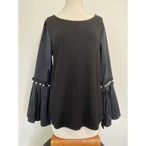Neiman Marcus Women's Black Long Pleated  Sleeve Blouse Top  Size M Pearl Accent